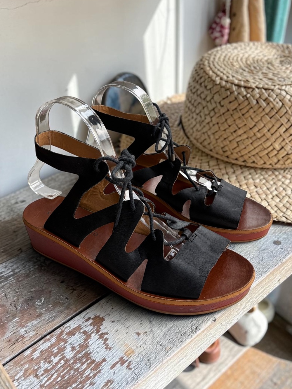 Lucky Brand Black Lace-Up Wedge Sandals with Brown Wood-Look Sole